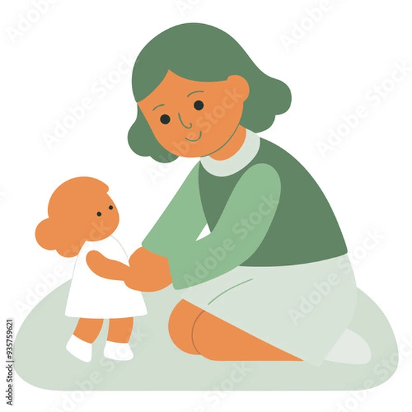 Fototapeta Woman playing with a doll in flat minimalist illustration