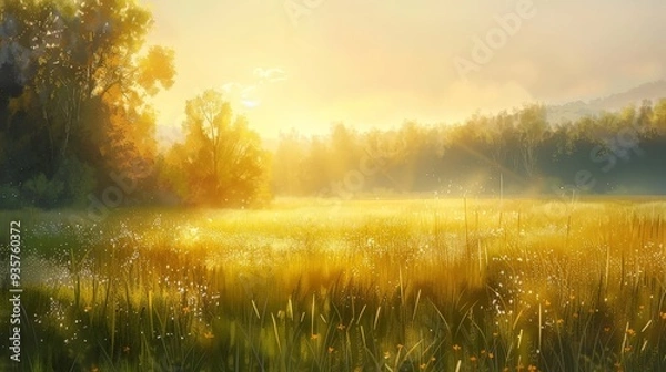 Obraz Observe the beauty of a meadow at sunrise, where the morning dew sparkles on the grass and the first light of day casts a golden glow over the landscape.