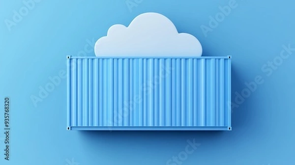 Obraz Creative representation of cloud computing with a container and cloud icon on a blue background. Concept of data storage and technology.