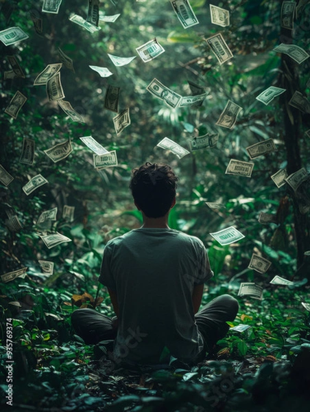 Obraz A man sits in a forest with money raining down on him
