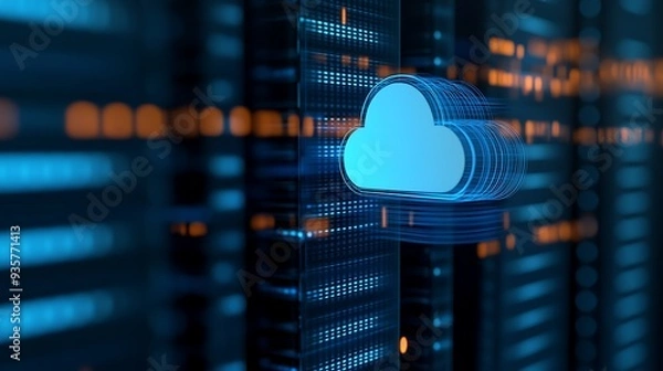 Fototapeta Digital cloud icon in futuristic server room. Concept of cloud storage, data management, and modern technology infrastructure.