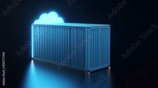 Obraz Digital representation of a shipping container with cloud technology concept, symbolizing data storage and cloud computing.