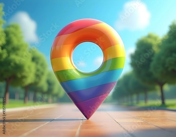 Fototapeta A colorful 3D location symbol showcasing a rainbow gradient, with a blurred nature background featuring trees and a blue sky, illustrating a vibrant outdoor setting create with ai