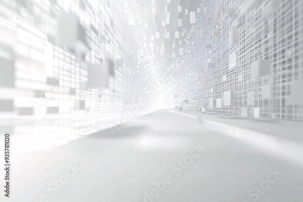 Fototapeta A light-filled digital tunnel with a grid pattern and abstract cubes floating, giving a futuristic and minimalistic feel with a sense of depth