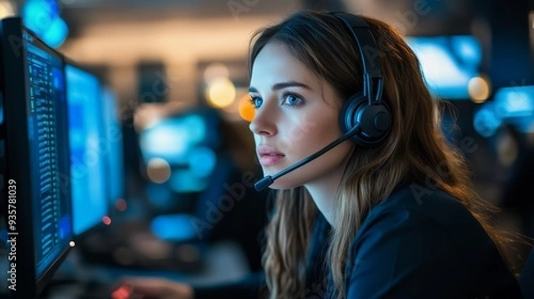 Obraz A focused woman using a headset while working at computers, immersed in her task in a dimly lit environment, highlighting concentration and technology
