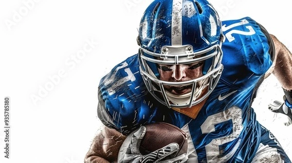 Obraz A football player wearing a blue helmet and jersey is running with a football