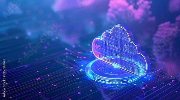 Fototapeta Futuristic cloud computing concept with holographic cloud. Modern technology visualization. Digital data storage. 3D rendering.