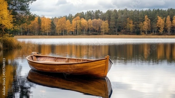 Fototapeta Old wooden row boat on calm lake water with autumn trees. The generation of AI