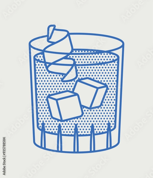 Fototapeta Negroni cocktail with orange peel, and ice cubes. Line art, retro. Vector illustration for bars, cafes, and restaurants.