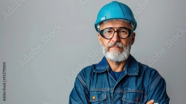 Fototapeta A man in a blue jacket and a blue helmet is standing in front of a gray wall