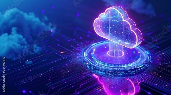 Fototapeta Futuristic cloud technology concept with neon glowing lights, digital data lines, and a cloud icon. Abstract digital technology background.
