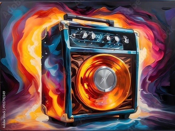 Fototapeta An oil painting of a guitar amplifier with electric waves and bold colors radiating from it, capturing the energy of live music.