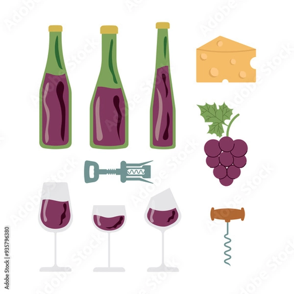 Fototapeta Wine elements set, Glass bottles, glasses with alcohol. Vector illustration of corkscrew, cheese
