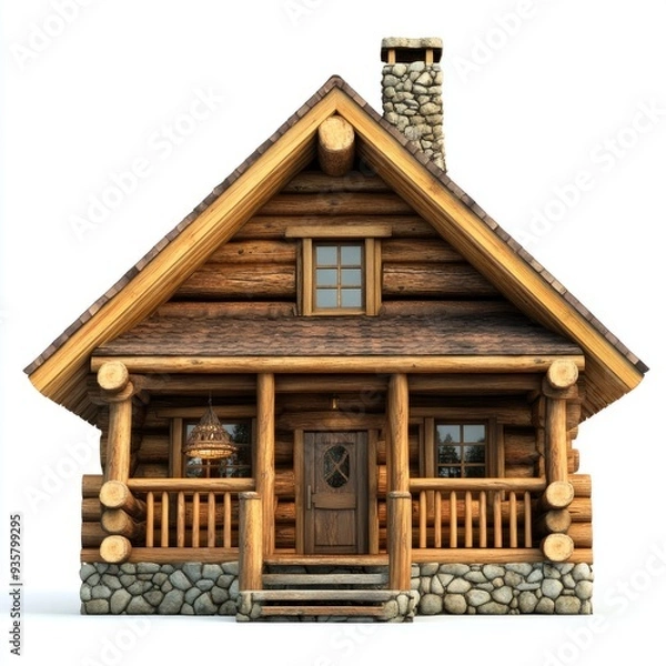 Fototapeta Photorealistic Rustic Log Cabin 3D Model - Isolated on White Background