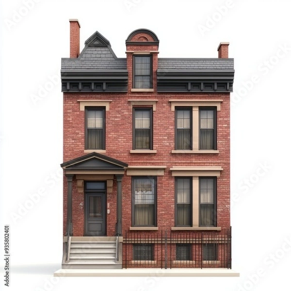 Fototapeta Photorealistic Rowhouse 3D Model - Isolated on White Background