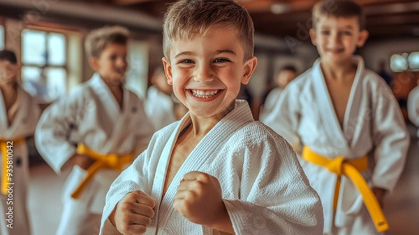 Fototapeta Joyful Kids Practicing Karate in Martial Arts Class
