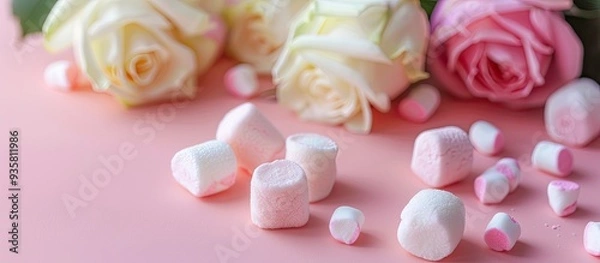 Fototapeta Copyspace featuring colorful mini marshmallows on a table alongside white roses against a pink background
