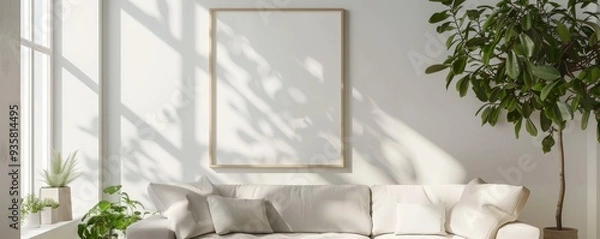 Fototapeta A white couch with a large plant in the corner