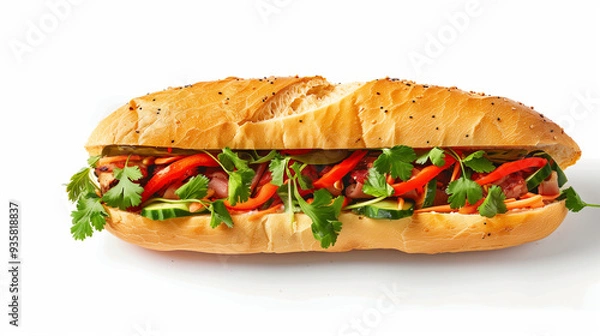 Obraz A freshly made Banh Mi sandwich with crispy baguette on a white background