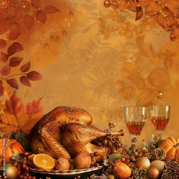 Fototapeta Thanksgiving-themed background featuring pumpkins, autumn leaves, and berries on one side with a clean white space for messages or design