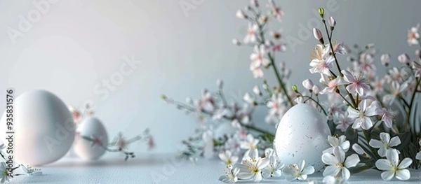Fototapeta spring flowers and an Easter egg on a white surface. Copy space image. Place for adding text and design