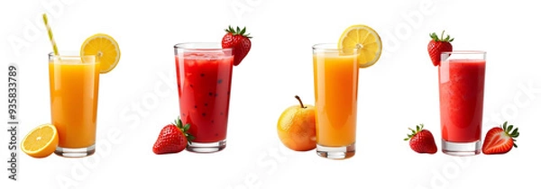 Fototapeta set of orange and strawberry juice glass isolated on transparent background