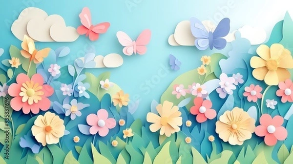 Fototapeta An idyllic spring scene featuring colorful butterflies fluttering among an array of flowers, all set under a bright blue sky with puffy white clouds in the background.