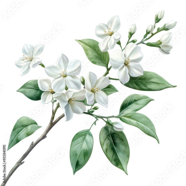 Fototapeta Beautiful white flowers with green leaves, perfect for adding elegance and freshness to any design or decoration.