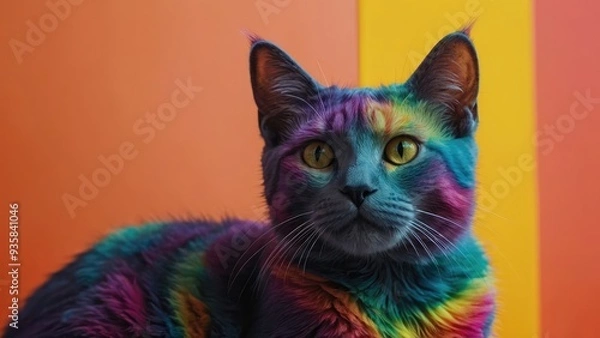 Fototapeta Chic and vibrant feline. hues of the rainbow. The idea of diversity, tolerance, and inclusion. Being different and distinct. Chic cat. AI generative.