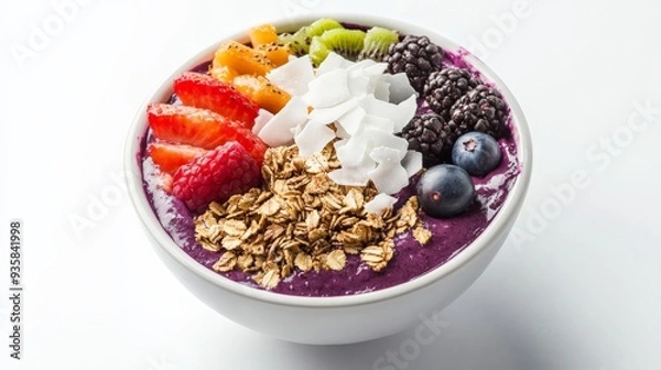 Fototapeta This image showcases a vibrant smoothie bowl with an assortment of fresh fruits including strawberries, kiwi, blackberries, and granola, arranged on a creamy smoothie base.