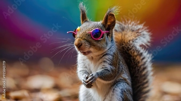 Obraz Chic squirrel with multicolored glasses on a vivid backdrop