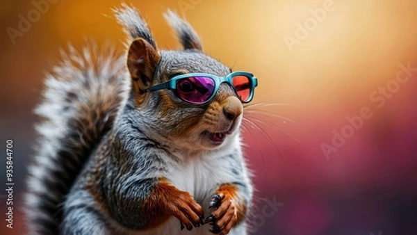 Obraz Chic squirrel with multicolored glasses on a vivid backdrop