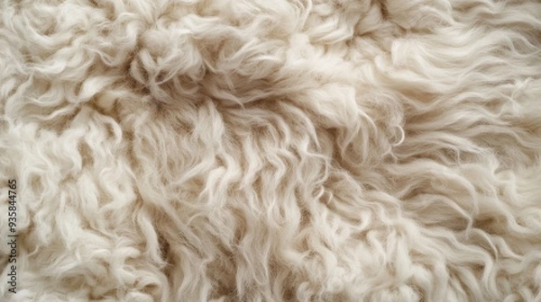 Fototapeta Fluffy sheepskin carpet texture background, top view