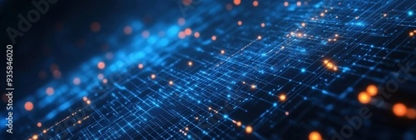 Fototapeta A plane with a network through which data is exchanged. Modern banner in blue and orange with glowing lines. Neutral abstract background for the theme of science and technology.