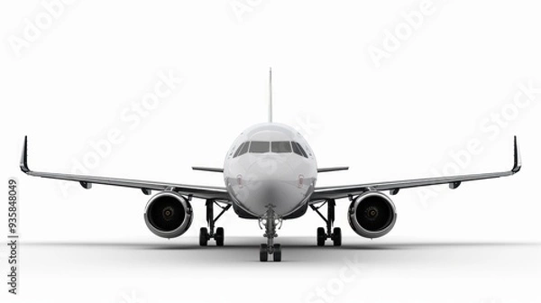 Fototapeta A modern jet aircraft with lowered landing gear, sleek metal body, two engines and cockpit windows dominates the simple white background.