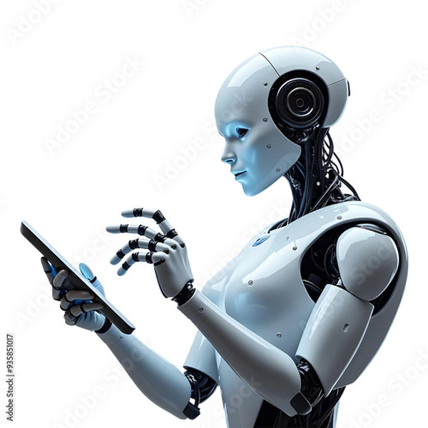 Fototapeta human robot typing on tab isolated on transparent background