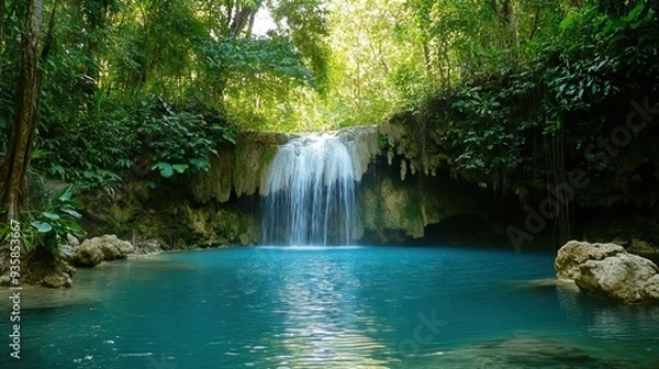 Fototapeta Secluded Waterfall Cascading into a Tranquil Pool Surrounded by Lush Tropical Foliage. AI generated illustration