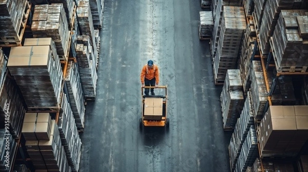 Fototapeta Aerial View of a Warehouse Worker Transporting a Package
