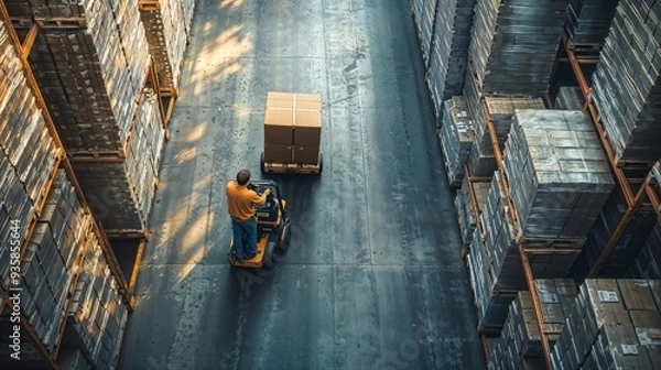 Fototapeta Aerial View of a Warehouse Worker Transporting a Package