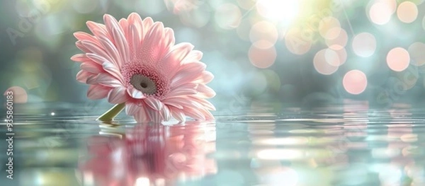 Fototapeta Close up of a pink Gerbera flower in soft focus with a bokeh water background. Copy space image. Place for adding text and design