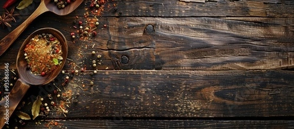 Fototapeta spices wooden spoon aged wooden table top view. Copy space image. Place for adding text and design