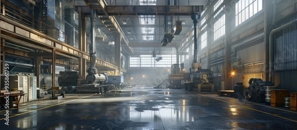 Fototapeta Spacious interior image of a metalwork factory featuring modern industrial machines copy space