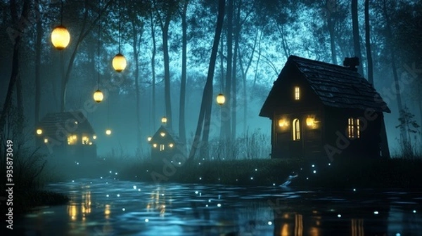 Fototapeta Enchanting Woodland Cabin with Glowing Lanterns and a Serene River - A magical woodland scene with a cozy cabin nestled amongst tall trees. The river flows serenely, reflecting the soft glow of lanter