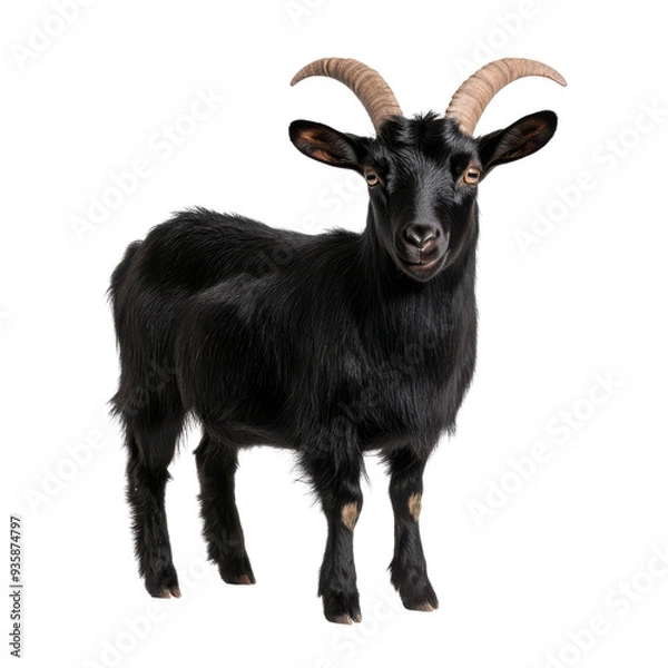 Fototapeta A charming black goat with distinctive horns isolated on a white background.