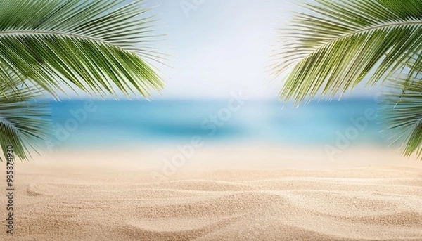 Fototapeta seascape with palm branches and clean sand in the foreground