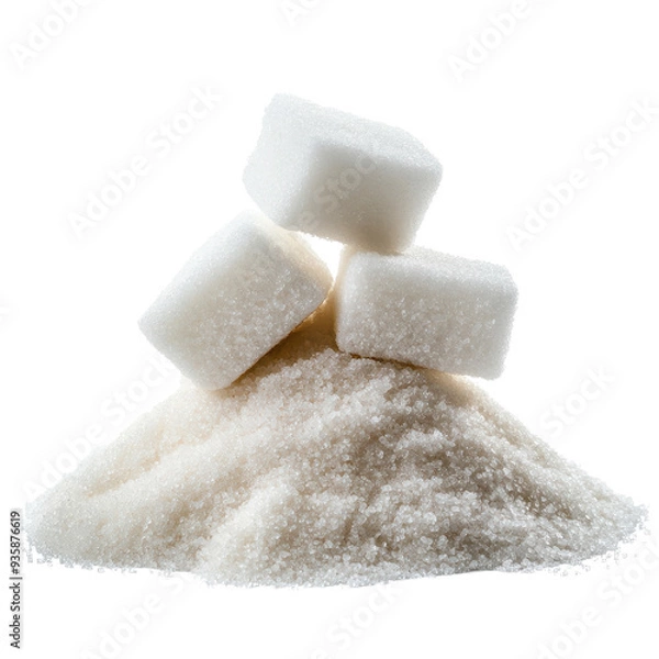 Fototapeta A close-up view of granulated sugar with sugar cubes stacked on top isolated on a white background.