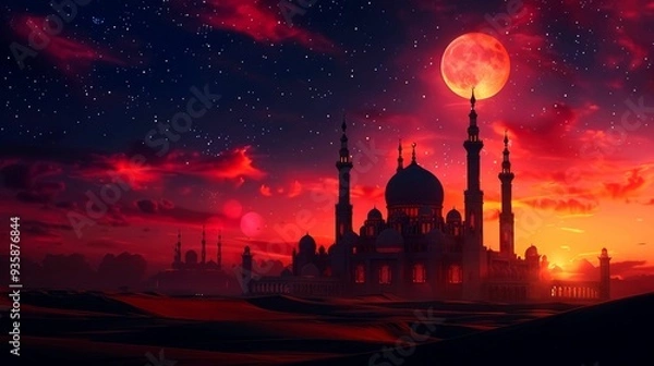 Fototapeta Silhouetted Mosque Against a Blood Red Sky and Moon