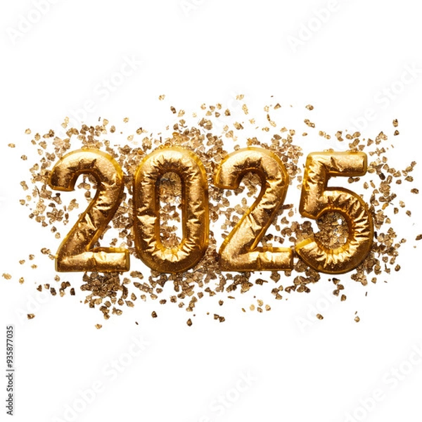 Fototapeta Wrinkly Gold glitter 2025 numbers, balloons foil 2025 isolated png.