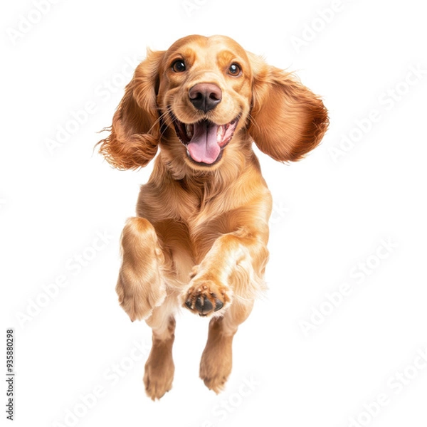 Fototapeta A joyful dog leaping in happiness isolated on a white background.