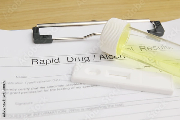 Fototapeta Drug test blank form with test kit and urine,focus on paper